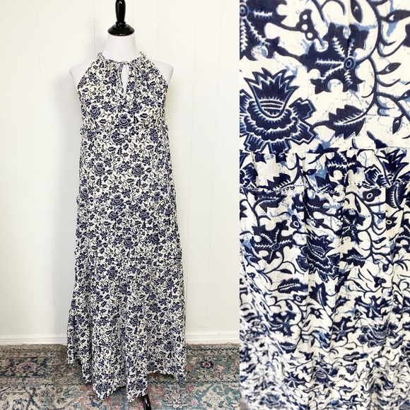 HOUSE OF HARLOW 1960 Blue White Cotton Tiered Sleeveless Maxi Dress Size XS Boho - Picture 1 of 15